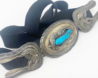 577 Rare Vintage Signed Les Baker Shop Bisbee Turquoise Sterling Navajo Belt 577 Rare Vintage Signed Les Baker Shop Bisbee Turquoise  main image 3