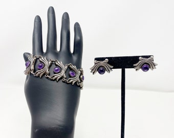 781 Vintage Taxco Amethyst Link Bracelet and Clip Earrings jewelry set