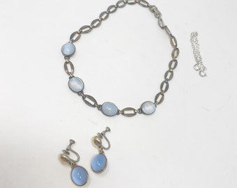 636 Vintage Art Deco Symetalic Sterling Silver, 14k Blue Faux Moonstone Necklace And Screw Back Earrings
