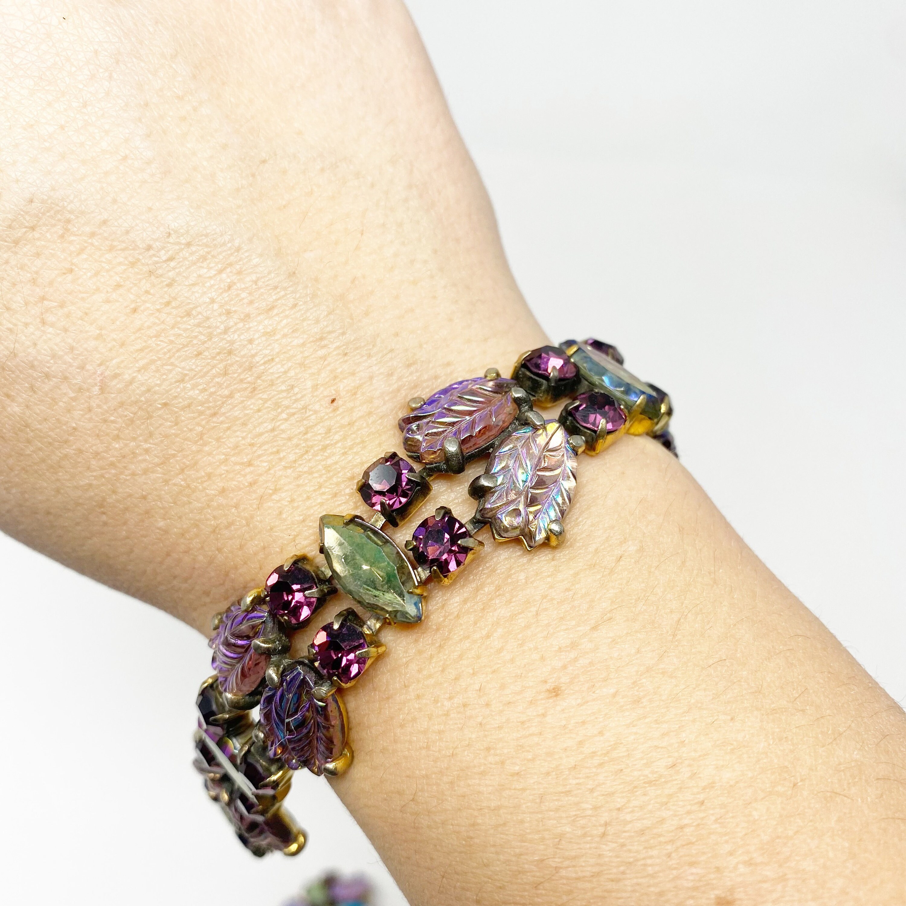 486 Vintage Schiaparelli Purple Iridescent Bracelet and Clip