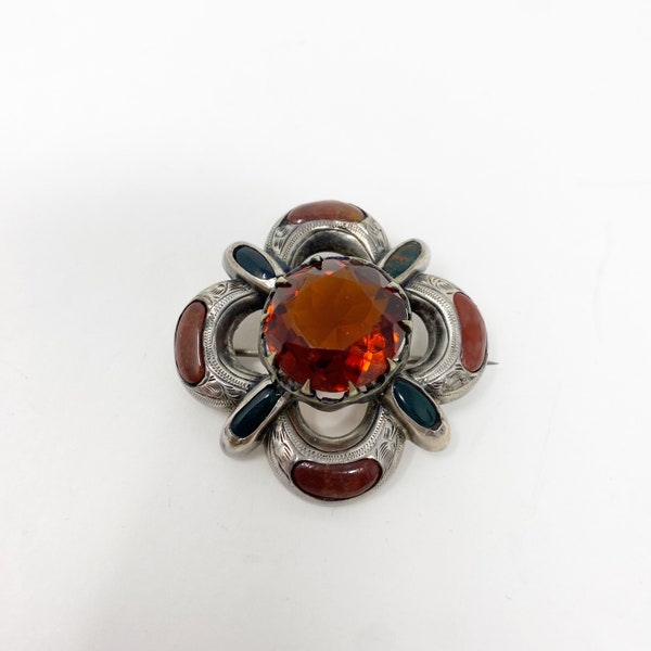 800 Antique Scottish Silver Agate Cairngorm Brooch C.1900