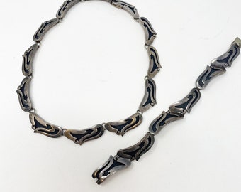 581 Vintage Taxco Mexico 950 Silver and Black Modernist Link Necklace and Bracelet jewelry set