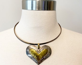 693 Vintage Jeep Collins JBC sterling Silver and Brass Heart Pendant with a Silver Neck Collar necklace