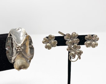 149 Vintage Dogwood floral sterling silver bracelet, earrings, and brooch collection