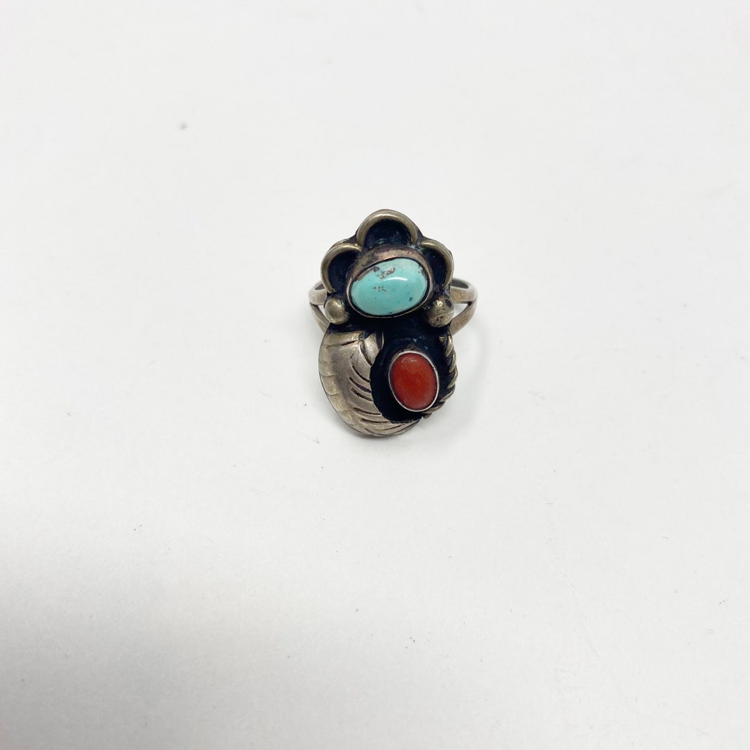 414 Vintage Navajo Sterling Silver Turquoise and Red Coral Ring, Size 6 ...