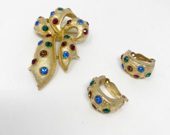 756 Vintage Lisner Gold Tone and Multicolor Rhinestones Bow Brooch with Clip Earrings, by Lisner