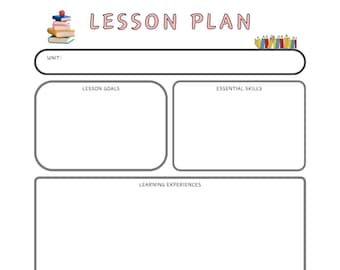 May include: A white lesson plan template with the title "LESSON PLAN" in pink letters. The template includes sections for lesson goals, essential skills, learning experiences, materials needed, and assessment. A small illustration of a desk and chair is in the bottom left corner.