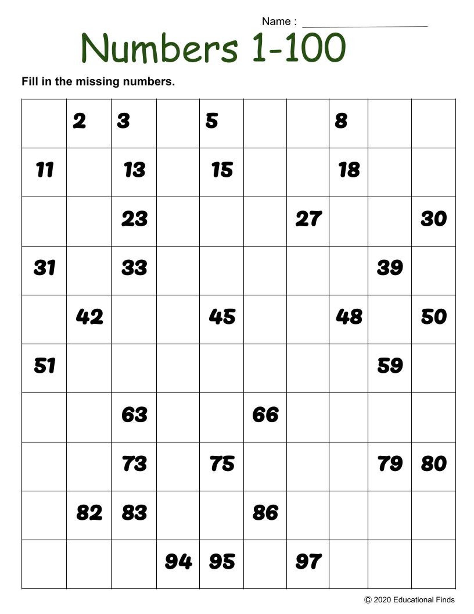 Fill In Missing Numbers 1 100 Worksheet