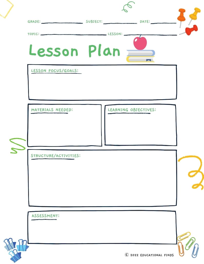 Lesson Plan Template for Educators Digital , Printable Etsy