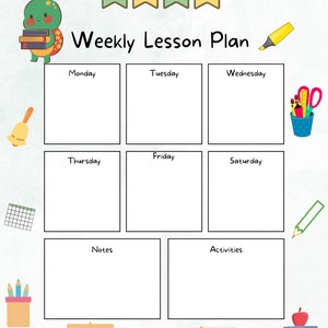 May include: A vibrant weekly lesson plan template featuring a turtle with books, a clock, and stationery. The plan has sections for each weekday, plus notes and activities. The word "WEEK" is displayed in banner letters.