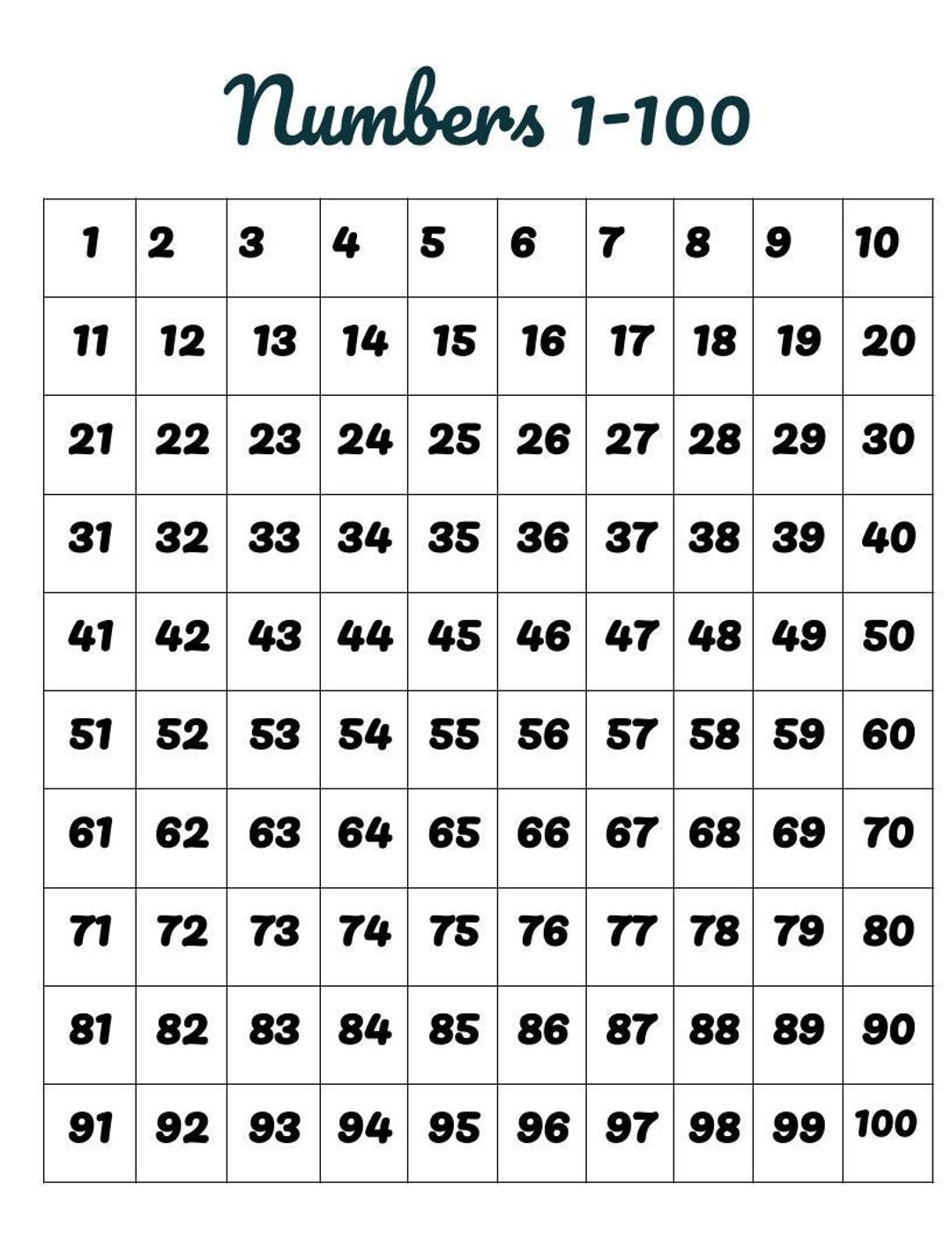 Numbers 1-100 in Black, Inlcudes a Worksheet , DIGITAL DOWNLOAD 