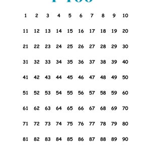 以下が含まれることがあります： 1から100までの数字が10行10列に並んだ白黒の表。表のタイトルは「1-100」です。