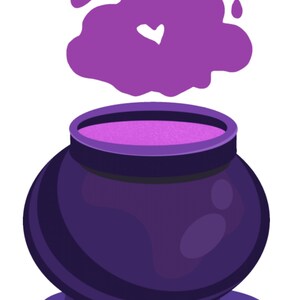 May include: A purple cauldron with a purple liquid inside and a purple cloud of smoke with a white heart shape rising from the top.