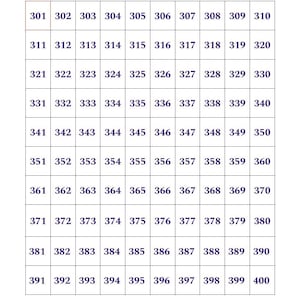 May include: A black and white grid with the numbers 301 to 400 in blue text. The numbers are arranged in ten rows of ten numbers each.