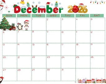 Calendario de diciembre de 2026 (digital, imprimible)