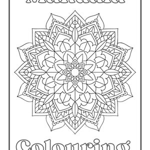 以下が含まれることがあります： 白黒のマンダラぬりえ。上部に「Mandala」、下部に「Colouring」の文字。マンダラのデザインは複雑で、対称的な花の模様です。