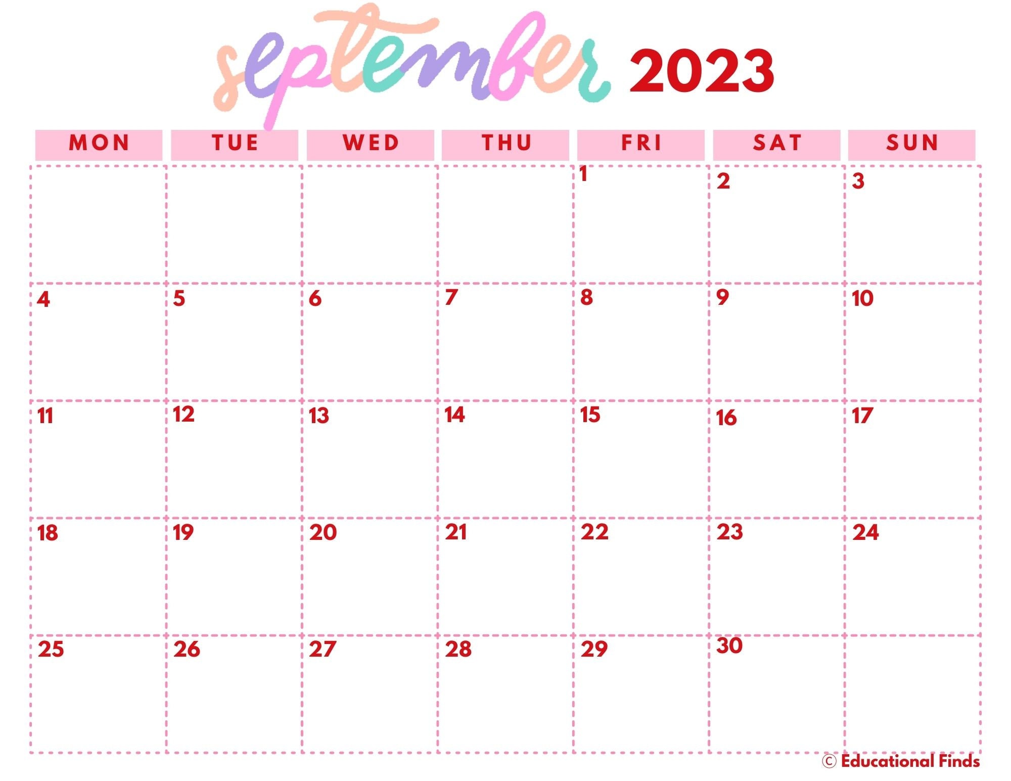 September To December 2023 Calendar In Pink Digital printable Etsy