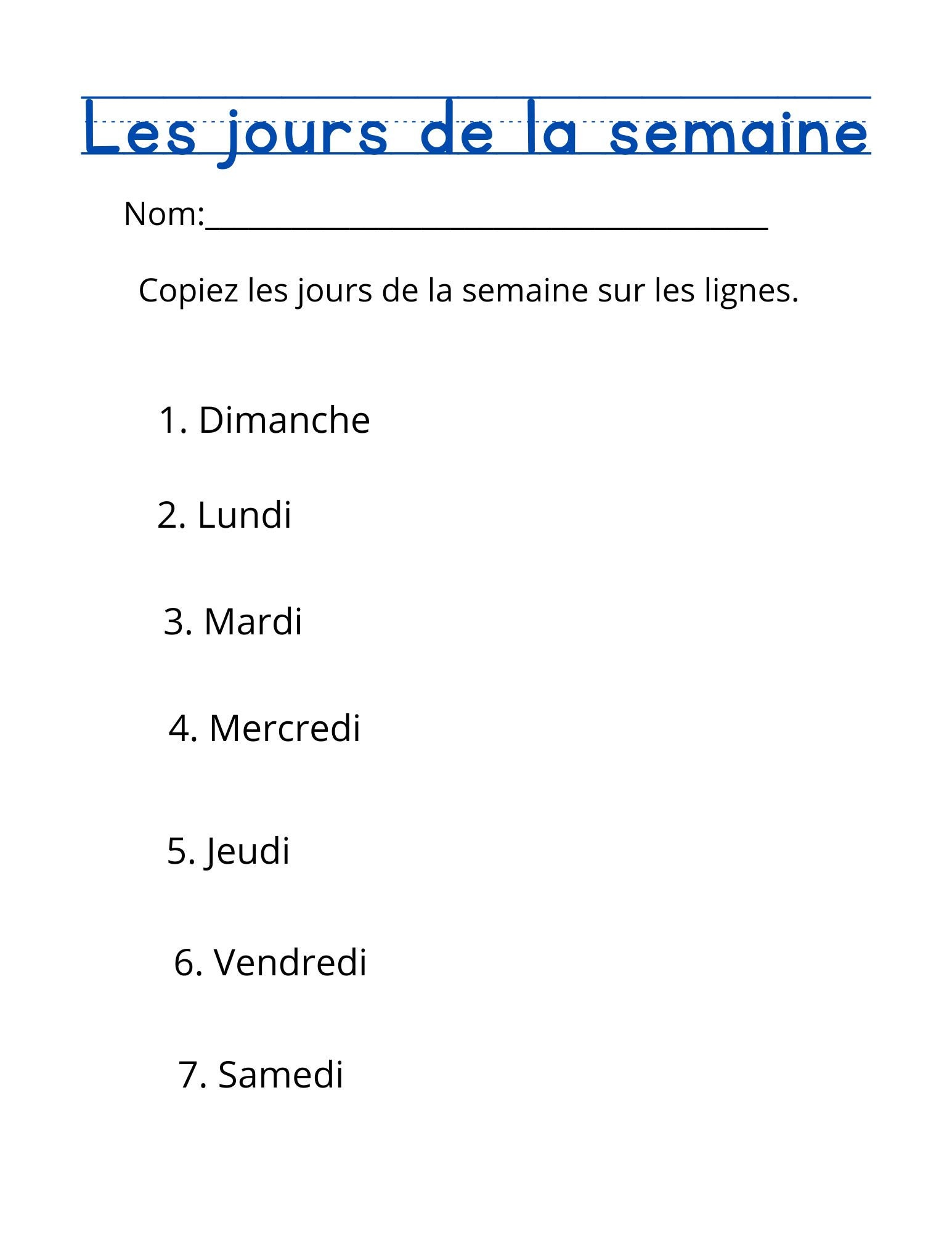 Les Jours De La Semaine Days of the Week in French Digital , Printable Etsy Canada