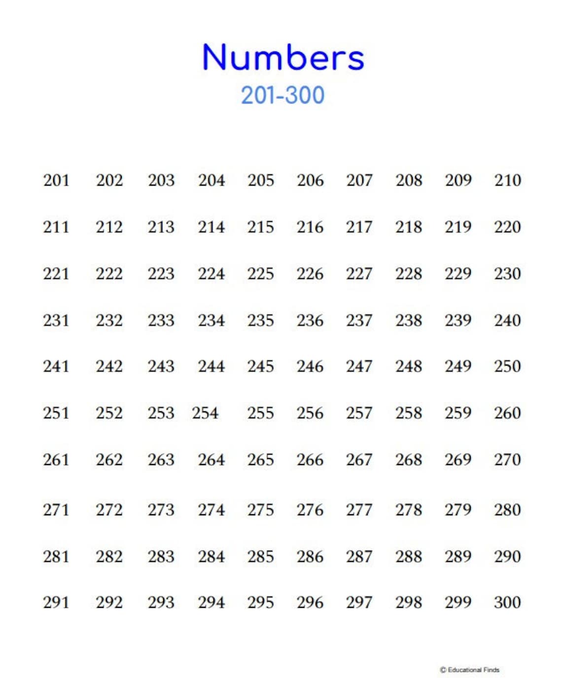 200 Chart , Numbers 201-300 (digital, Printable) - Etsy