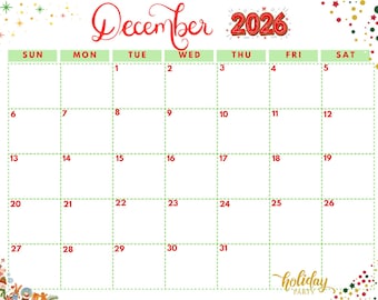 Calendario de diciembre de 2026 (digital, imprimible)