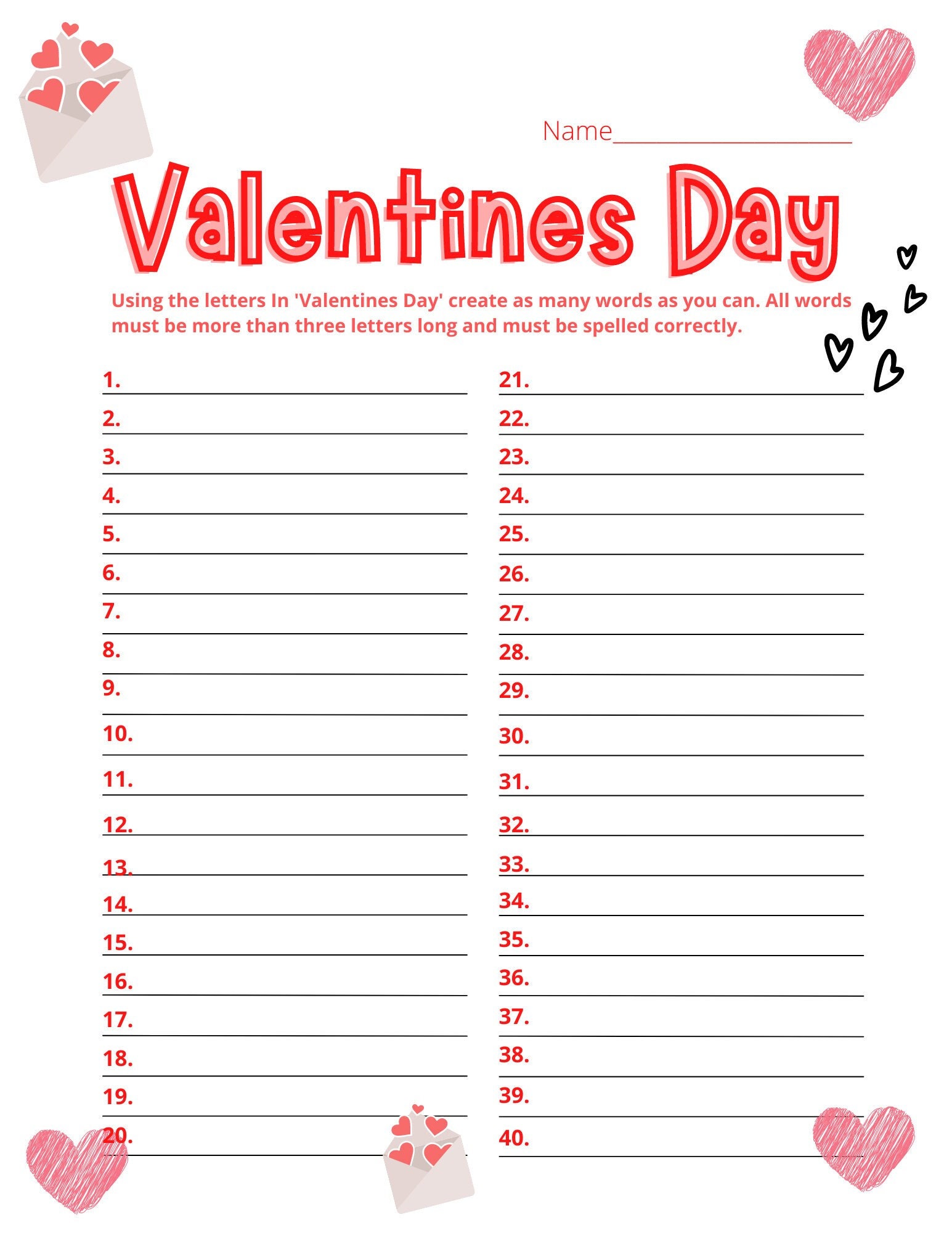 Valentine's Day Word List digital,printable Etsy