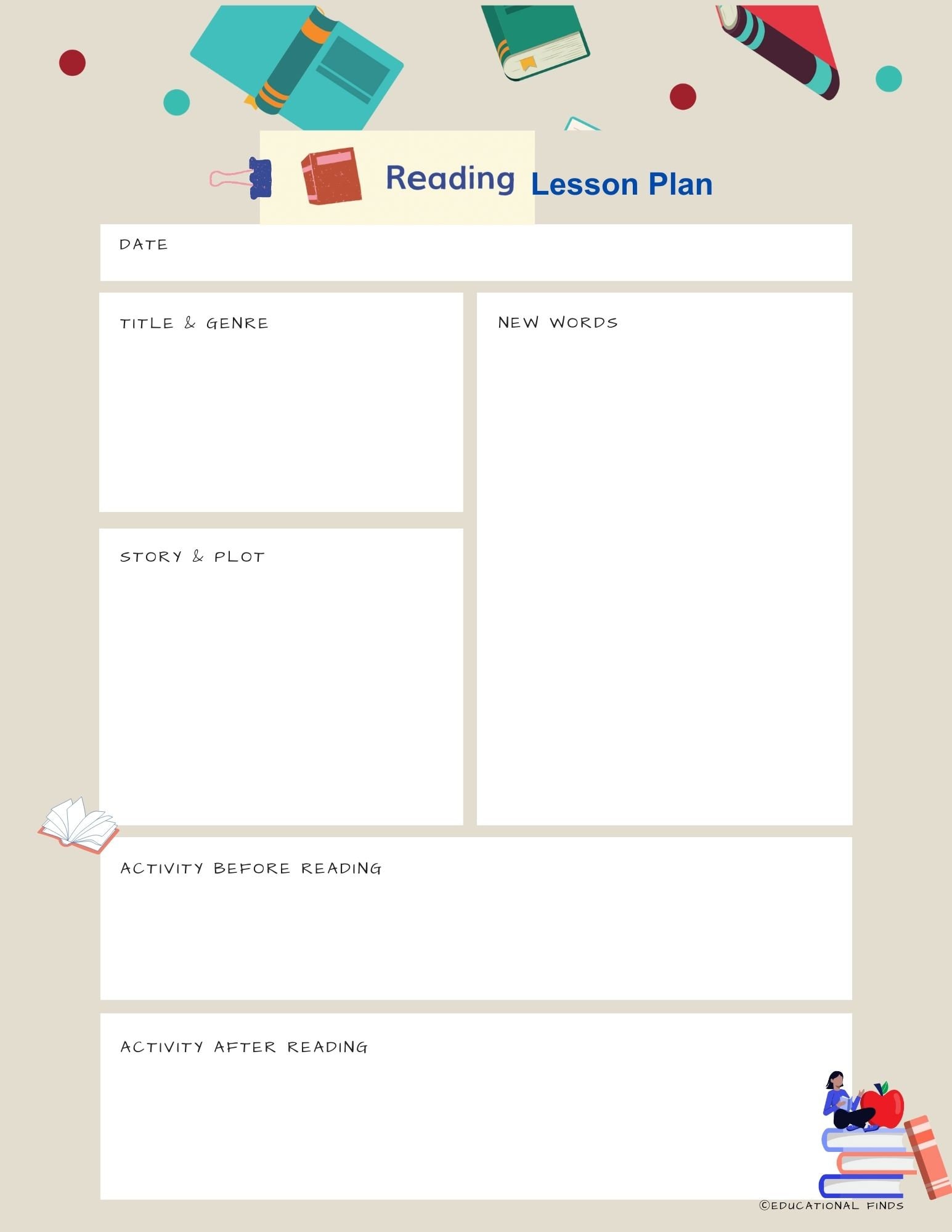 Reading Lesson Plan Template for Educators ( Digital , Printable ) Etsy