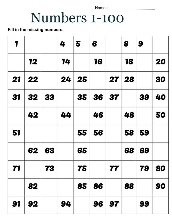 Fill in the Numbers 1-100 Worksheet Digital Printable - Etsy