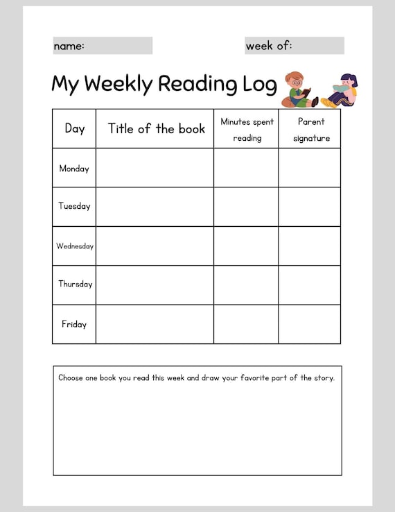Weekly Reading Log digital Printable Etsy
