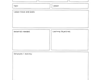May include: A printable lesson plan template with sections for grade, subject, topic, lesson, lesson focus and goals, materials needed, learning objectives, structure/activity, and assessment. The template features a cartoon image of a teacher and students.