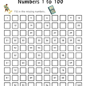 Pode incluir: Uma folha de trabalho em preto e branco com um título que diz "Números de 1 a 100". A folha de trabalho tem uma grade de 100 quadrados com os números de 1 a 100 impressos nos quadrados. Os números estão faltando em alguns dos quadrados. Há uma pequena ilustração de uma calculadora no canto superior direito da folha de trabalho.