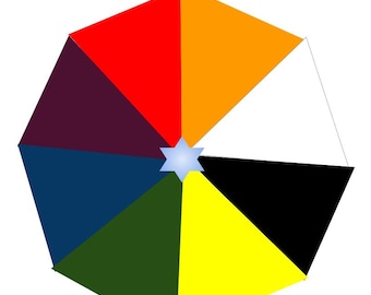 May include: A colorful color wheel diagram with the text "The Color Wheel" at the top. The wheel is divided into segments of red, orange, white, black, yellow, green, blue, and purple. A light blue star is in the center.