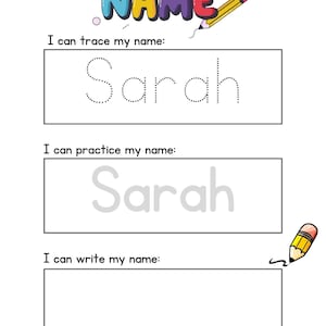 Puede incluir: Una hoja de trabajo imprimible con las palabras "My Name" en una pancarta colorida. La hoja de trabajo tiene tres secciones: "I can trace my name", "I can practice my name" y "I can write my name". Cada sección tiene una línea punteada para trazar el nombre "Sarah" y un espacio en blanco para escribir el nombre.