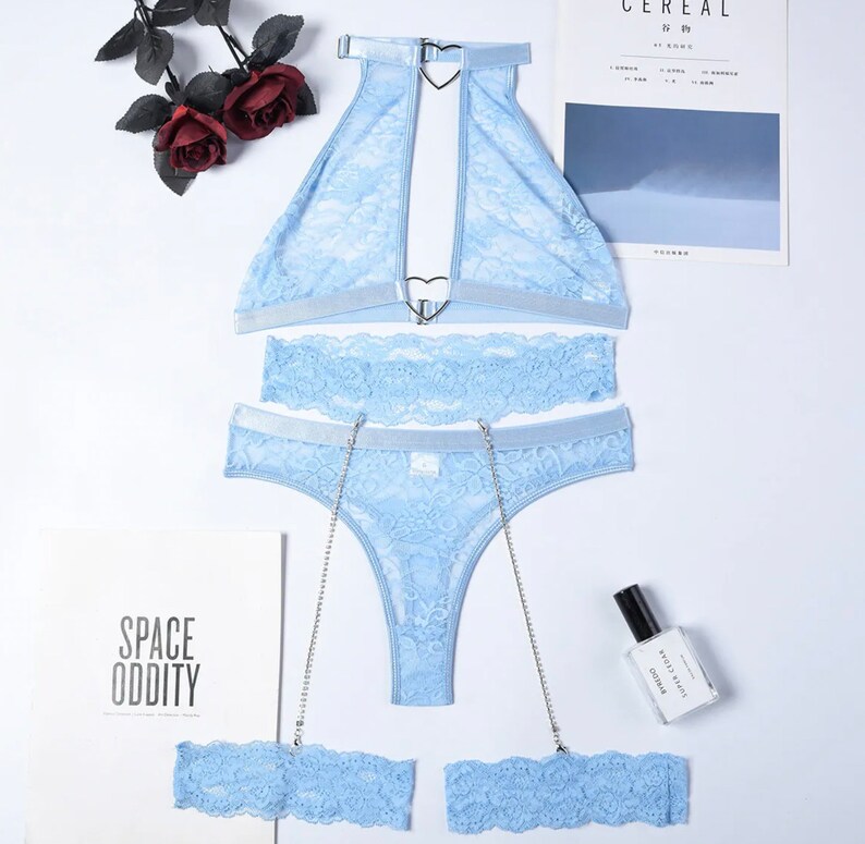 Baby Blue Lingerie Set-flower Embroidery Lingerie-three Piece - Etsy