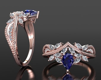 Rose Gold Sapphire Ring, Peer Shape Blue Sapphire Engagement Ring, Sapphire Anniversary Ring, Unieke Sapphire Ring, Moderne Sapphire Ring