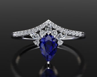 Platinum Blue Sapphire Ring, Pear Shape Sapphire Engagement Ring, Sapphire Anniversary Ring, Unique Sapphire Ring, Vintage Sapphire Ring