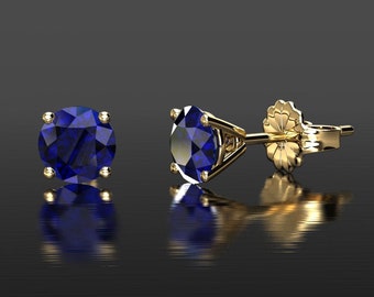 Sapphire Stud Earrings, Martini Style Stud Earrings, Gold Earrings, Sapphire Earrings, Blue Sapphire Studs, Yellow Gold Stud Earrings