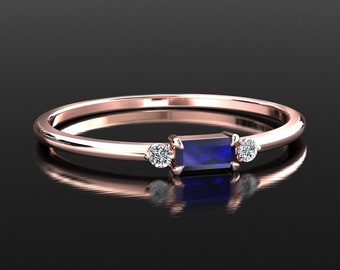 Blue Sapphire SOLID Rose Gold Ring Baguette Sapphire Ring Sapphire Anniversary Ring Sapphire Stackable Ring Blue Sapphire Ring Petite Ring