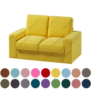Puede incluir: Un sofá amarillo de dos plazas con un diseño cuadrado y gruesos reposabrazos. El sofá es de color amarillo brillante y liso y se encuentra sobre un fondo blanco. Se muestra una paleta de colores de varios colores debajo.