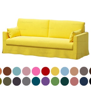May include: A bright yellow sofa with two pillows. The sofa has a skirt and is made of a soft, textured fabric.