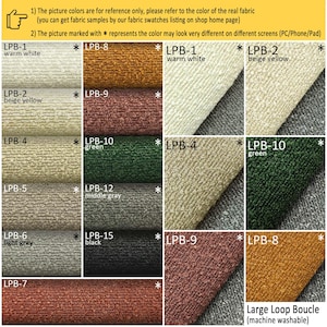May include: A color chart displaying various fabric swatches of large loop boucl&eacute; material. The grid includes labeled samples in warm white, beige yellow, green, middle gray, black, and shades of brown, with text notes regarding color accuracy.