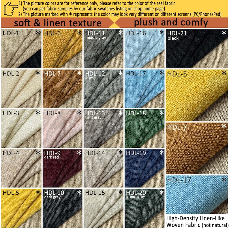May include: A grid of fabric swatches displaying various colors including beige, yellow, gray, blue, black, red, and green. Each square is labeled with a code like HDL-1 through HDL-21, with some marked by an asterisk indicating color variation.