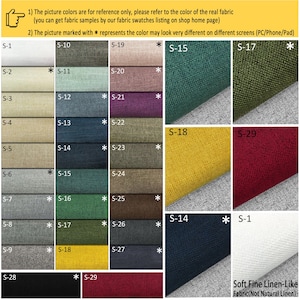May include: A colour chart of fabric swatches for upholstery. The swatches are labelled with numbers and letters. The chart includes a variety of colours, including beige, brown, green, blue, red, and yellow. The text on the chart reads "Soft Fine Linen-Like Fabric (Not Natural Linen)".