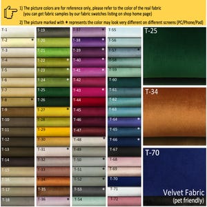 Peut inclure: Un nuancier de 72 &eacute;chantillons de tissu en velours, num&eacute;rot&eacute;s de T-1 &agrave; T-72. Les &eacute;chantillons sont dispos&eacute;s en colonnes et en rang&eacute;es, chaque &eacute;chantillon repr&eacute;sentant une couleur diff&eacute;rente. Le texte "Tissu en velours (adapt&eacute; aux animaux domestiques)" est en bas du nuancier.