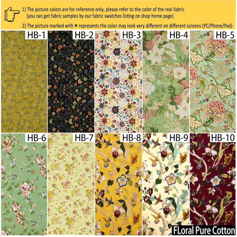May include: A grid of ten fabric swatches labeled HB-1 through HB-10, displaying various floral and botanical patterns in colors including mustard yellow, black, cream, sage green, and deep red, with text at the top and bottom reading Floral Pure Cotton.
