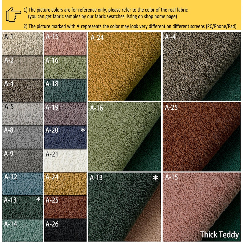 Peut inclure: Carte de nuanciers pr&eacute;sentant 26 couleurs diff&eacute;rentes de tissu teddy &eacute;pais. Les couleurs vont du gris clair au brun fonc&eacute;. La carte est intitul&eacute;e "Thick Teddy".