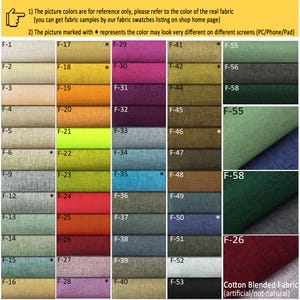 May include: A color chart of fabric swatches with different colors and textures. The chart is labeled with numbers F-1 through F-58. The text at the bottom of the chart reads "Cotton Blended Fabric (artificial/not natural)".