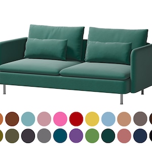 May include: A teal green two-seater sofa with two pillows. The sofa has a low profile and rounded edges. The sofa is on a white background.