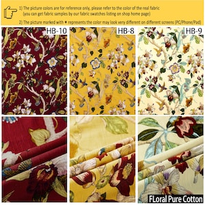 May include: Three fabric swatches labeled HB-10, HB-8, and HB-9 featuring a floral pattern with orchids and hummingbirds. The background colors are deep red, yellow, and cream. The fabric has a visible texture and is identified as Floral Pure Cotton.