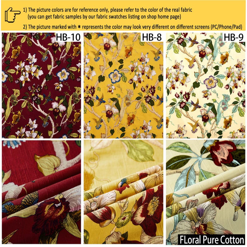 May include: Three fabric swatches labeled HB-10, HB-8, and HB-9 featuring a floral pattern with orchids and hummingbirds. The background colors are deep red, yellow, and cream. The fabric has a visible texture and is identified as Floral Pure Cotton.