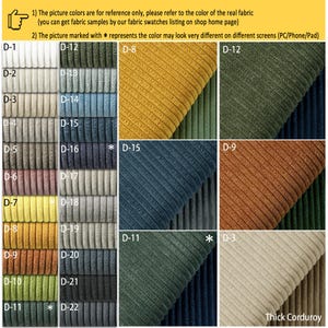 May include: A color chart of 22 different shades of corduroy fabric. The fabric is a thick, ribbed material. The colors range from light to dark, and include shades of yellow, green, blue, brown, and gray. The chart is labeled with the letter "D" followed by a number from 1 to 22. The chart also includes the text "Thick Corduroy".